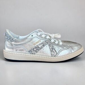 Schutz ST-001 Metallic Silver Leather Sneakers 7.5B Studded Glitter Shoes Glam